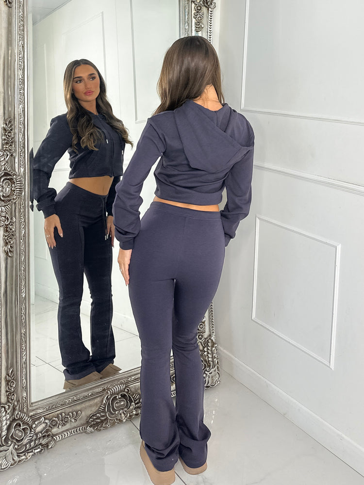 Crop Hoodie & Seam detail Flared Pants - Charcoal Grey