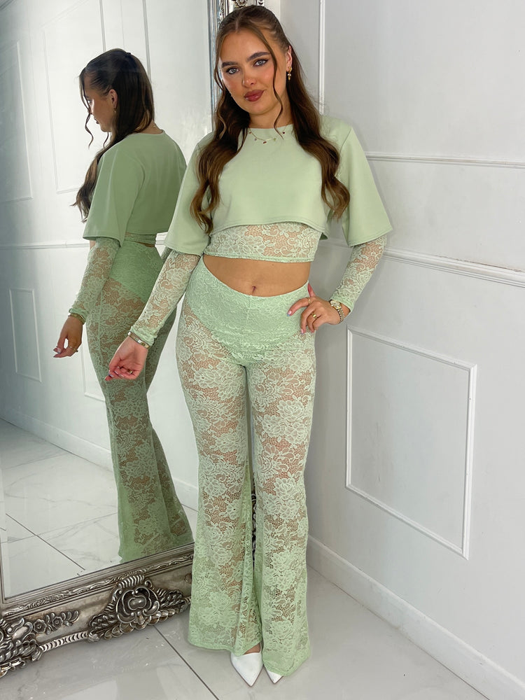 Round Neck Lace Underlayer Long Sleeved Cropped Top & Built In Knicker Underlayer Lace Flares Co-Ord - Sage Green