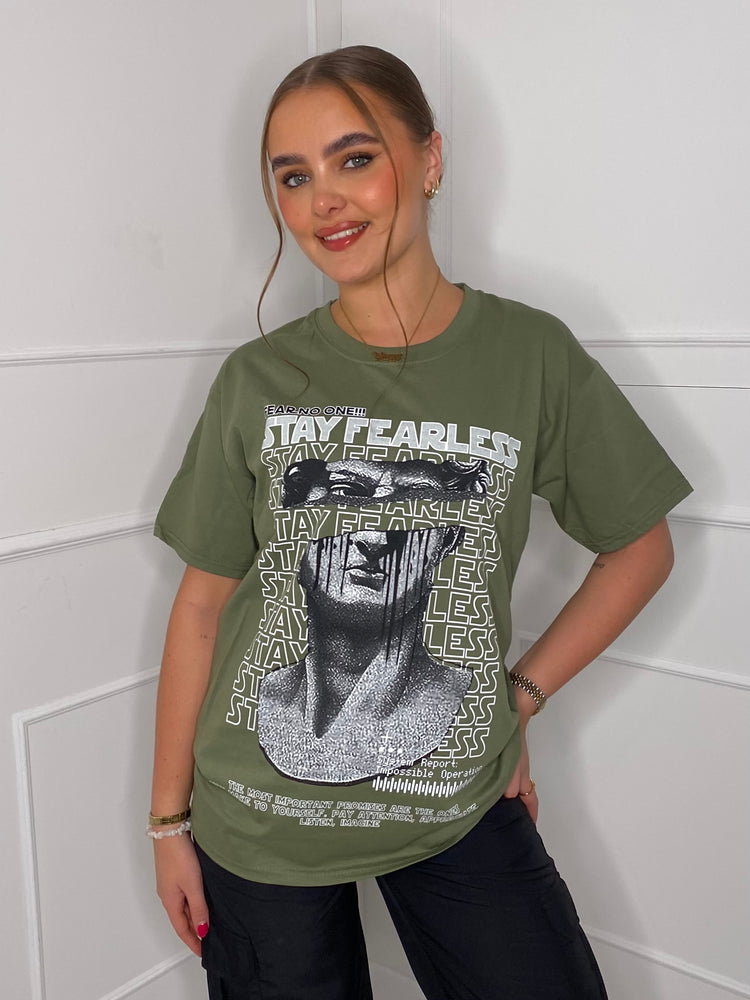 Fearless Statue Print T-shirt- Khaki Green