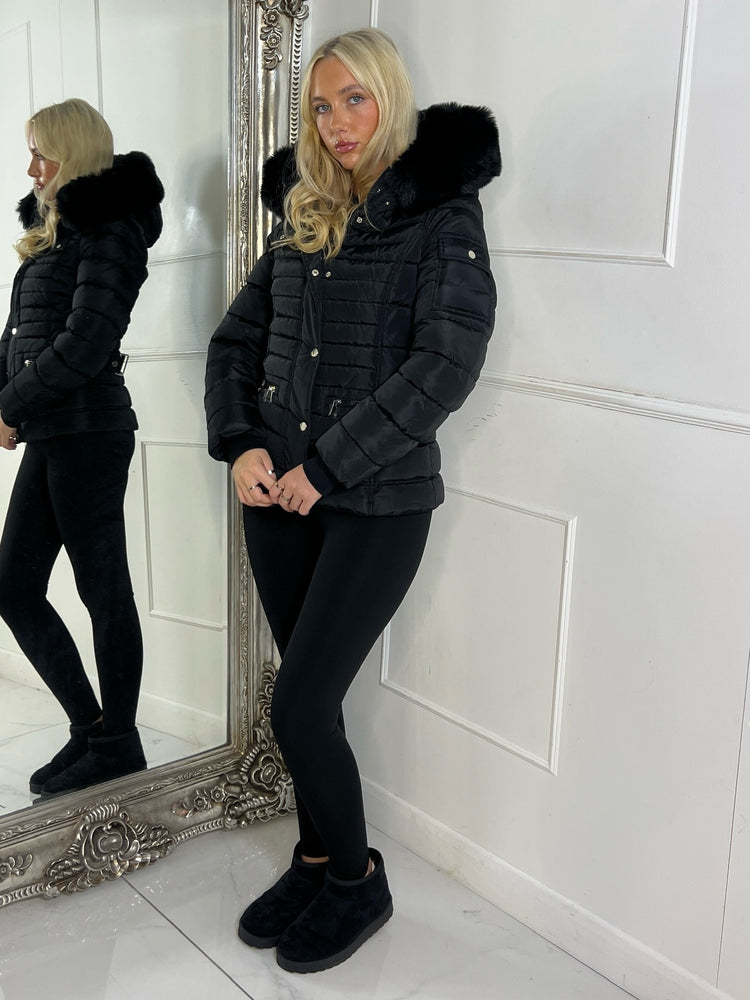 Padded Pocket Detail Faux Fur Hooded Jacket - Black