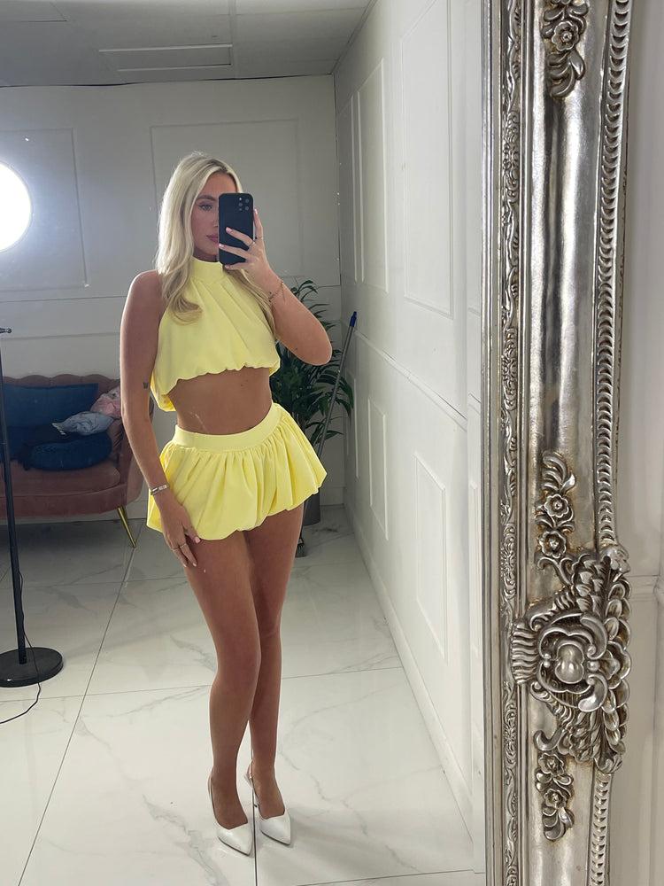 Backless High Neck Top & Band Detail Puffball Skort - Yellow