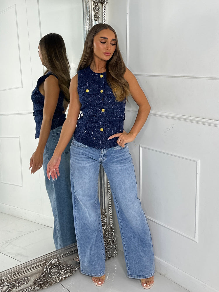 Tweed Sequin Belted Waistcoat - Navy
