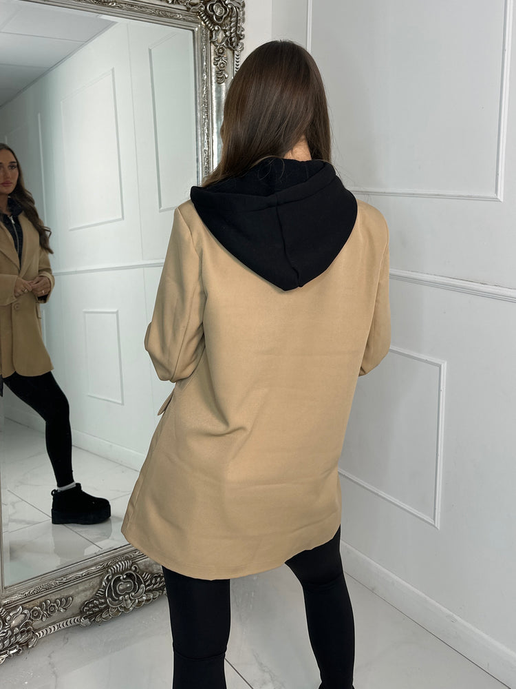 Oversized Blazer With Black Attached Hood - Dark Beige