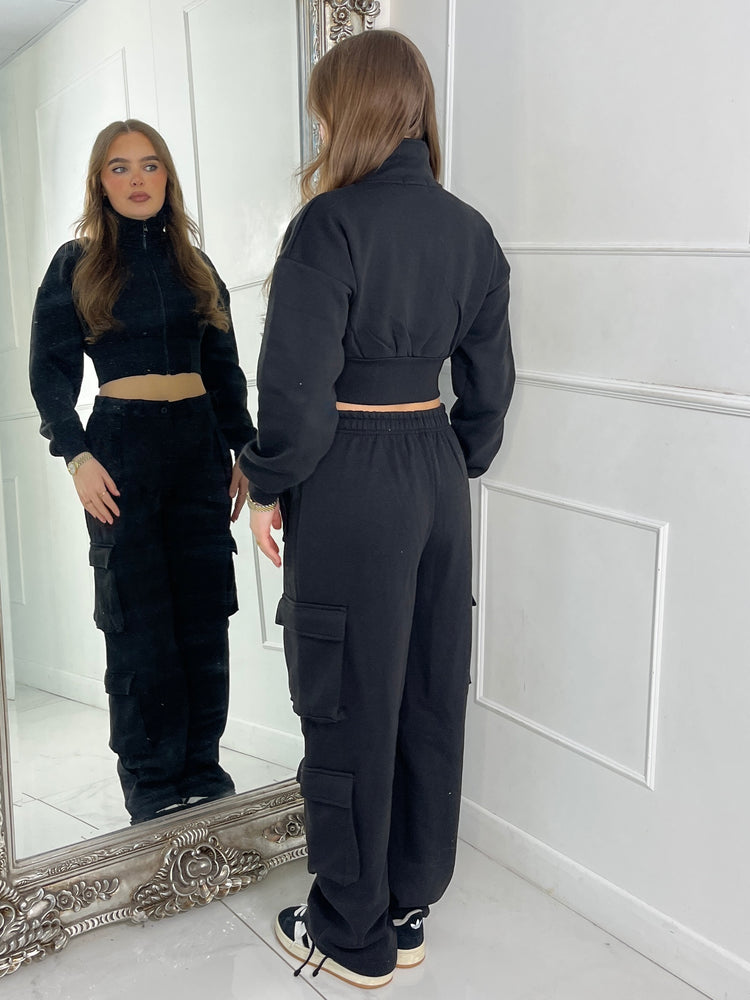 High neck Zip Up Jacket & Button Detail Cargo Pocket Flares - Black