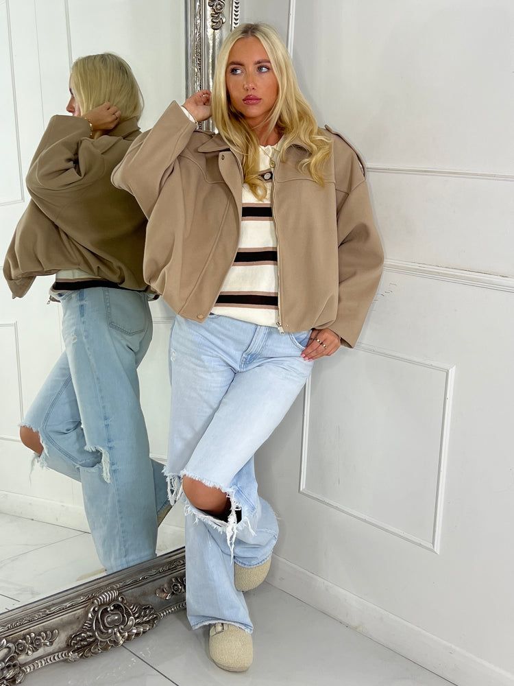 Collared Oversized Bomber Jacket - Beige