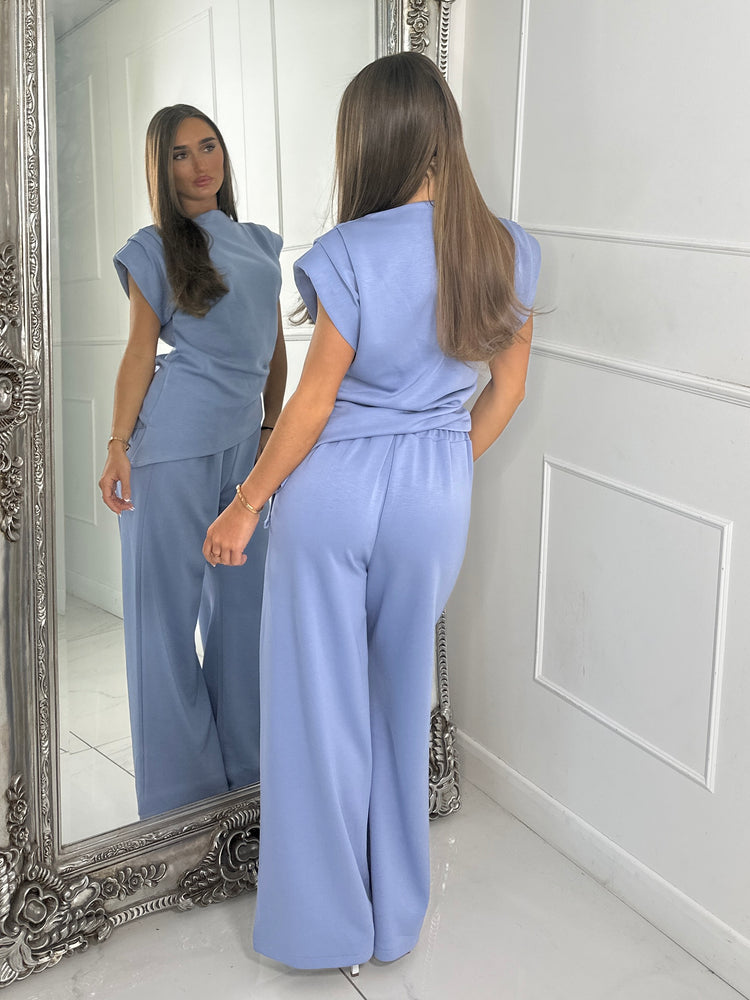 Asymmetric padded shoulder top & Flares Co Ord - Baby Blue