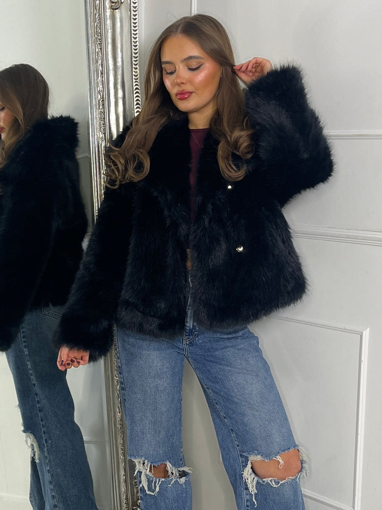 Soft Faux Fur Collar Detail Oversized Jacket - Black