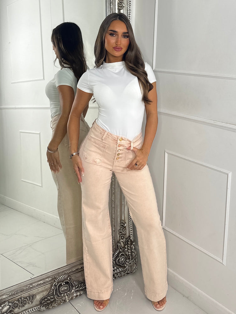 High Waist Pocket Front Jewelled Button Acid Wash Jeans - Peach