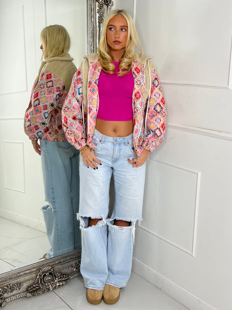 Aztec Print Zip Up Fleece Jacket - Beige / Multi