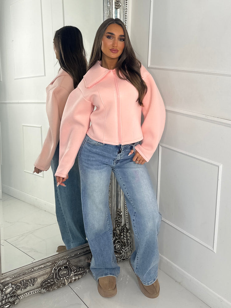Zip Up Oversized Collar Jacket - Baby Pink