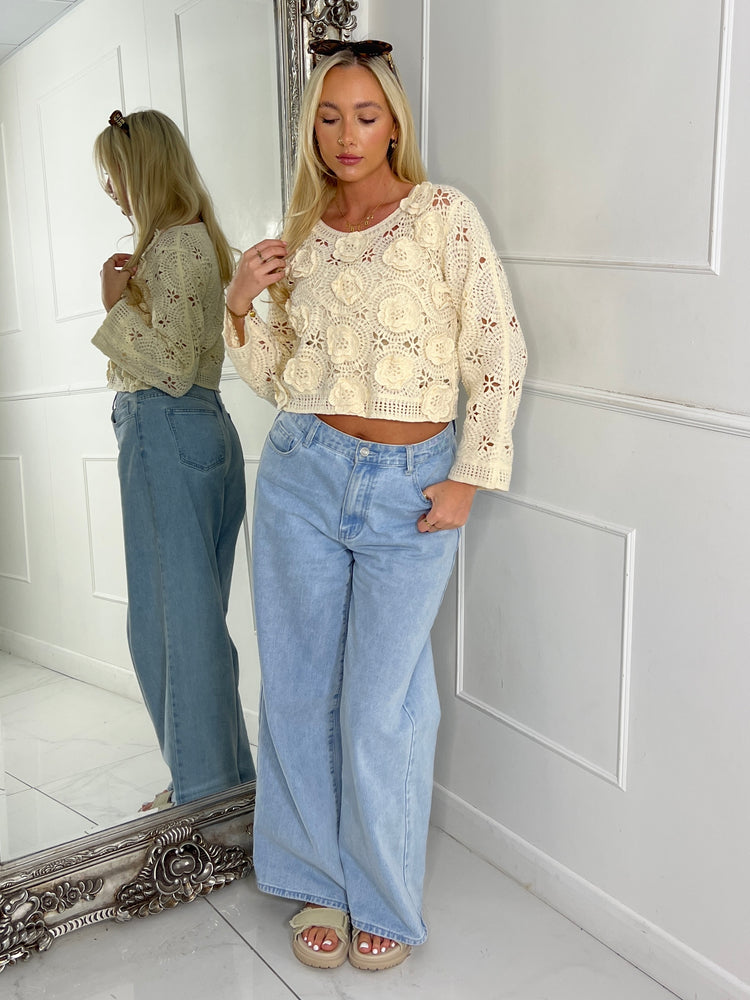 3D Floral Crochet Top - Beige