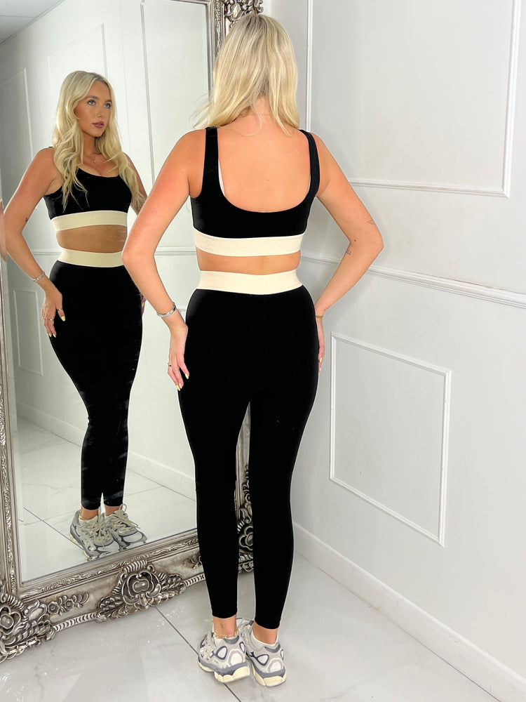 Two Tone Sports Bra & Band Detail Leggings Gym Set - Black/Beige