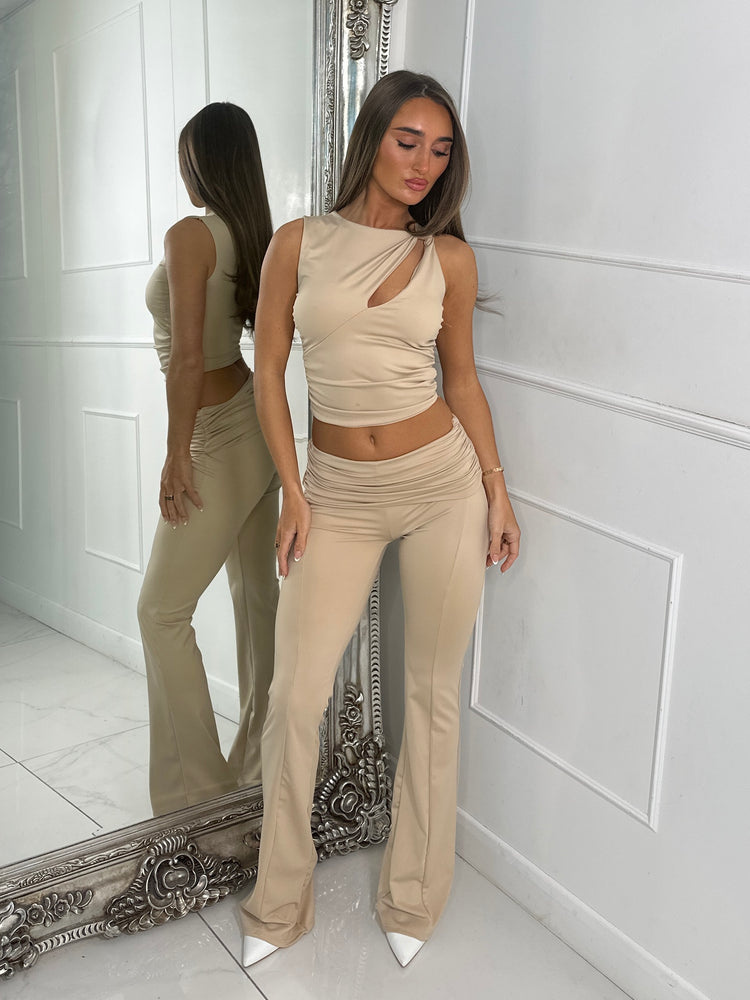 Slinky Foldover Flares and Cut Out Crop Top Co ord - Beige