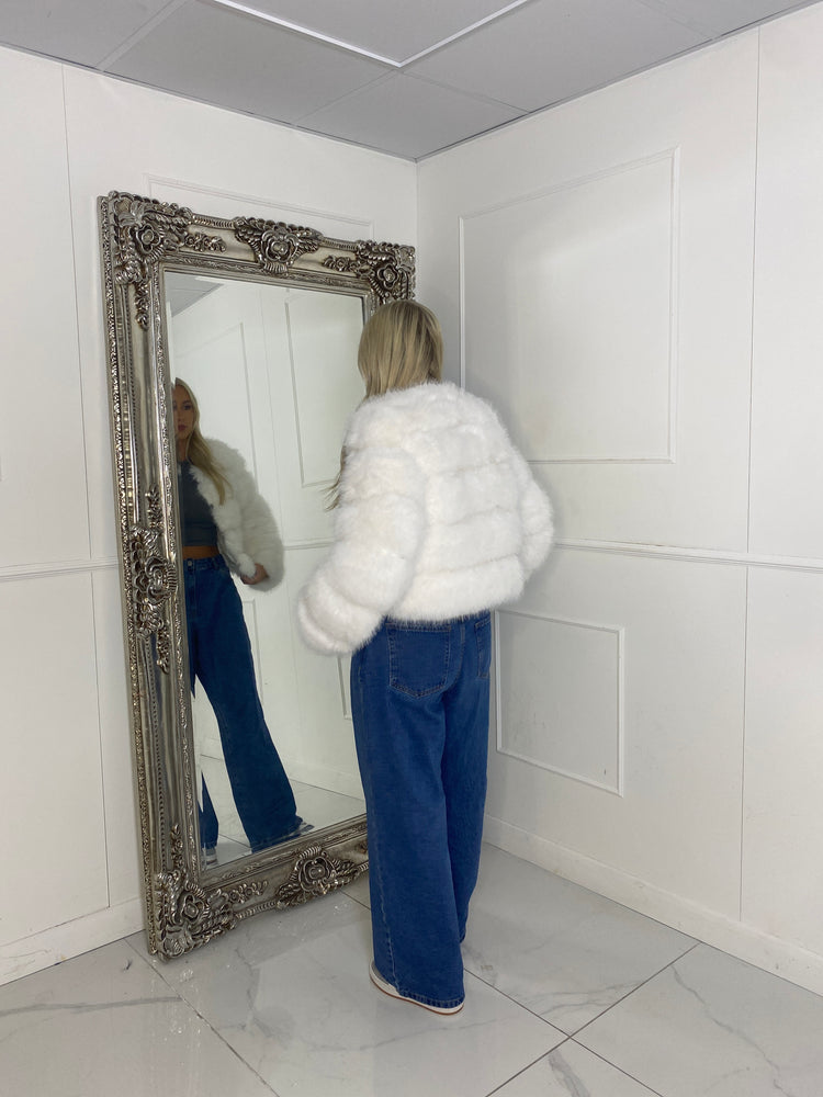 Tiered Faux Fur Round Neck Jacket - White