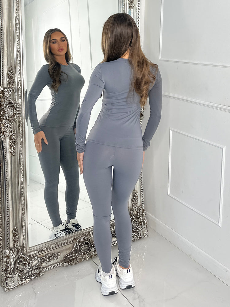 Round Neck Long Sleeve Second Skin Top & Sculpt Panel Leggings - Charcoal Grey