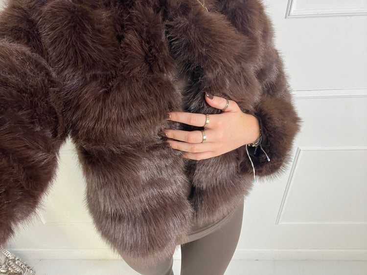 Tiered Faux Fur Round Neck Jacket - Brown