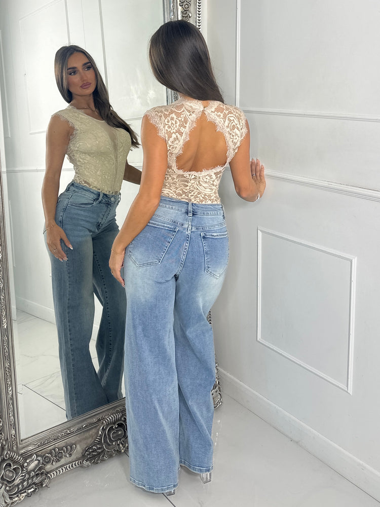 Sleeveless Mesh V Lace Bodysuit - Beige