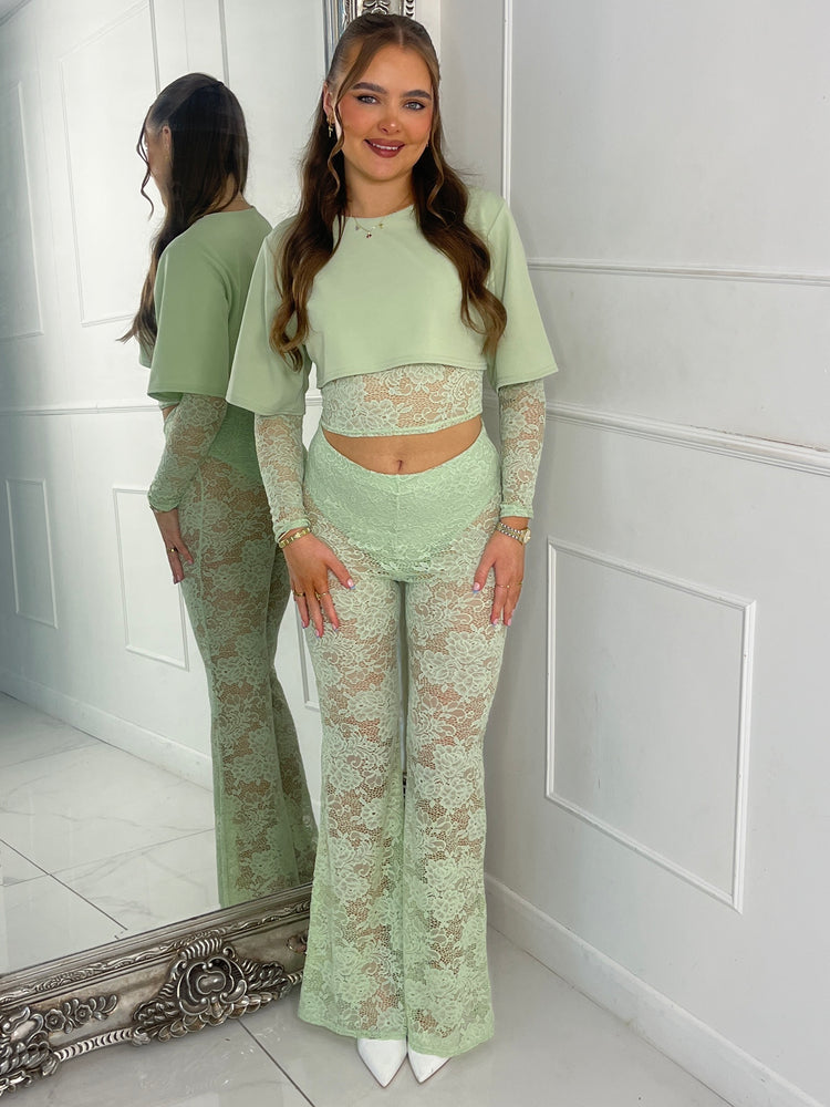 Round Neck Lace Underlayer Long Sleeved Cropped Top & Built In Knicker Underlayer Lace Flares Co-Ord - Sage Green