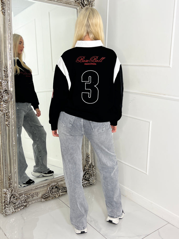 Varsity Slogan Detail Rugby Style Top - Black/Multi