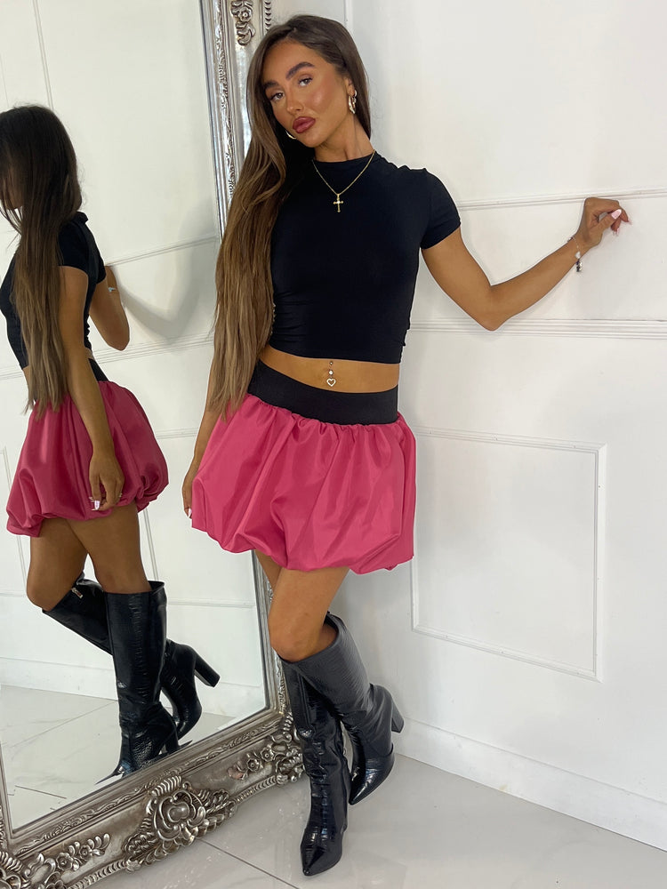 Band Detail Puffball Skirt - Hot Pink With Black Band