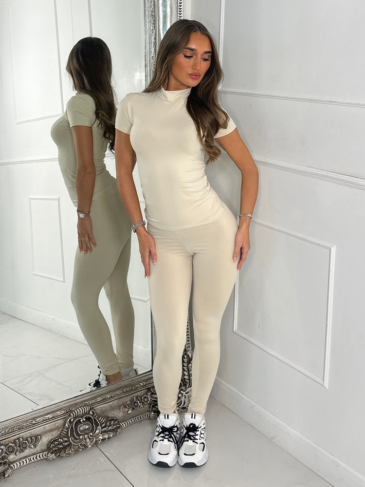 High Neck Second Skin Top & Sculpt Panel Leggings - Light Beige