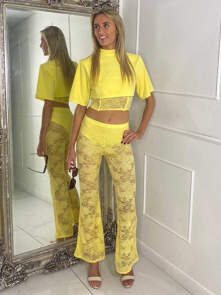 Padded Shoulder Cropped Tee With Lace Bra Underlayer & Built In Knicker Lace Flares Co-Ord - Yellow