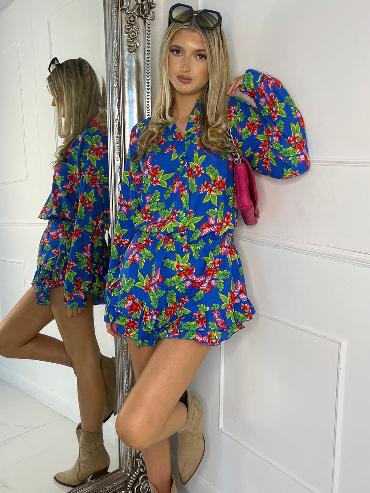 Matching Long Sleeve Shirt and Frill Skort Set - Blue Floral Print
