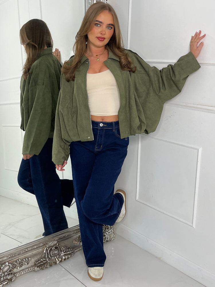 Suede Collared Oversized Bomber Jacket - Khaki
