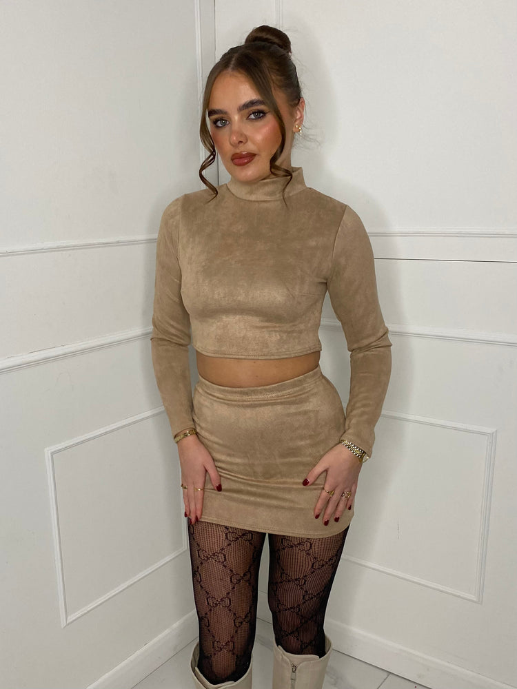 Suede High Neck Skirt Co-ord - Beige