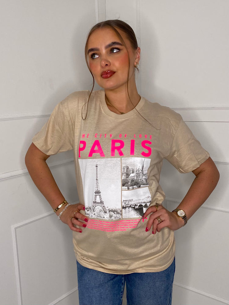Paris Eiffel Tower Print T-shirt- Beige