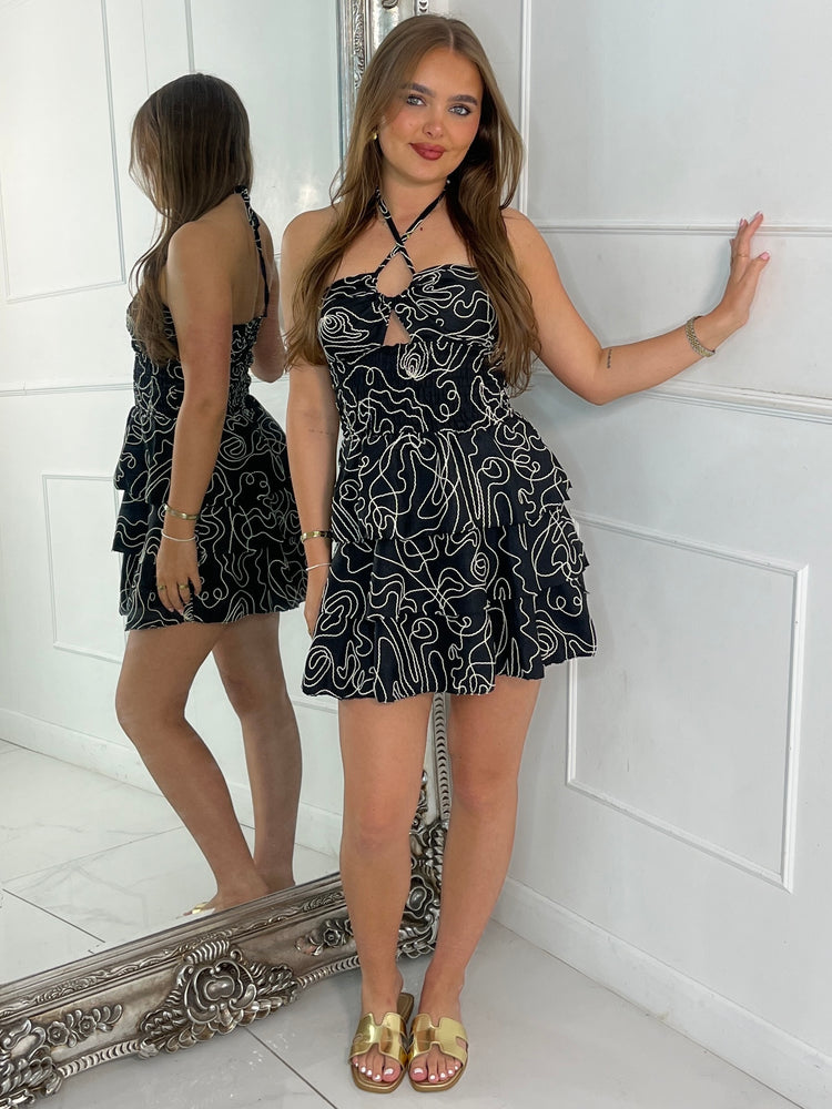Swirl Textured Ruffle Bandeau Dress - Black