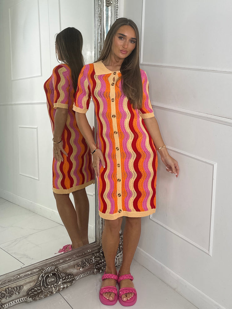 Multi Coloured Collar Detail Crochet Dress - Orange/Pink/Red