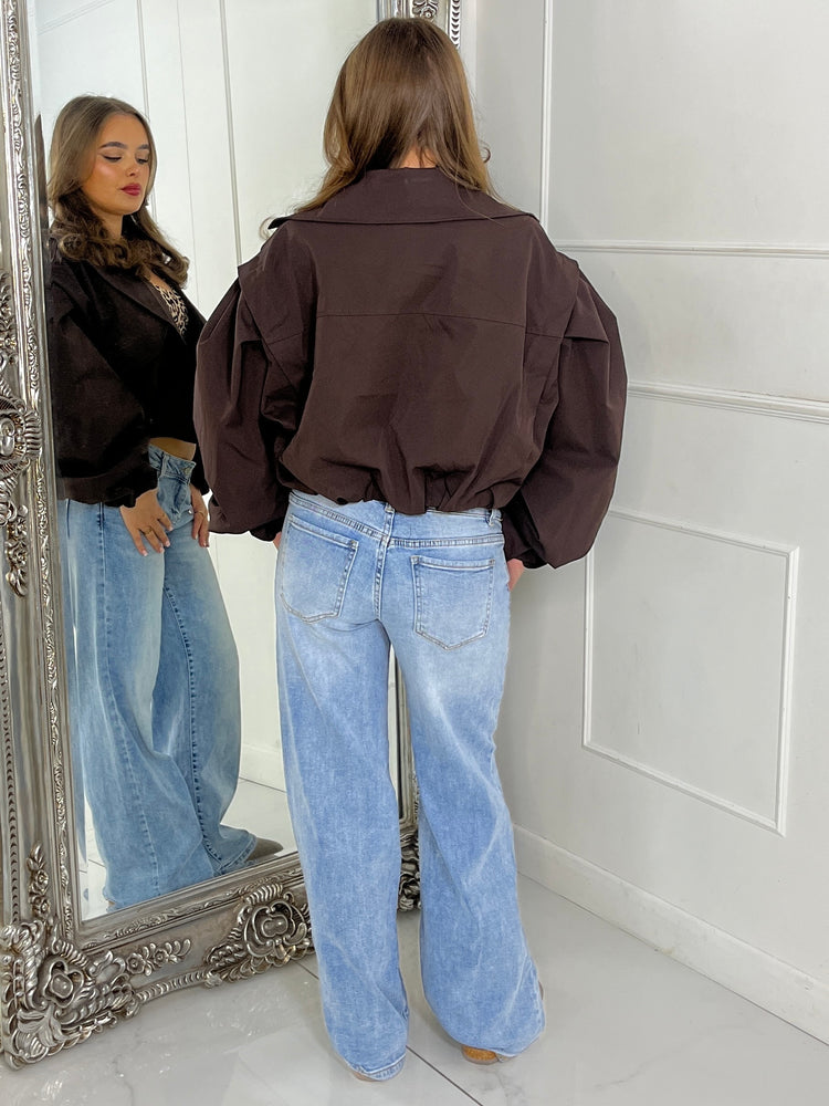 Crop Balloon Sleeve Trench Jacket - Chocolate