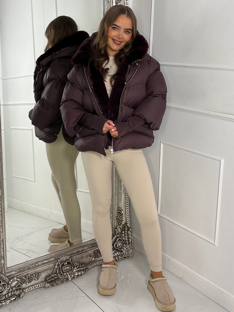 Hooded Puffer Coat With Faux Fur Trim - Brown