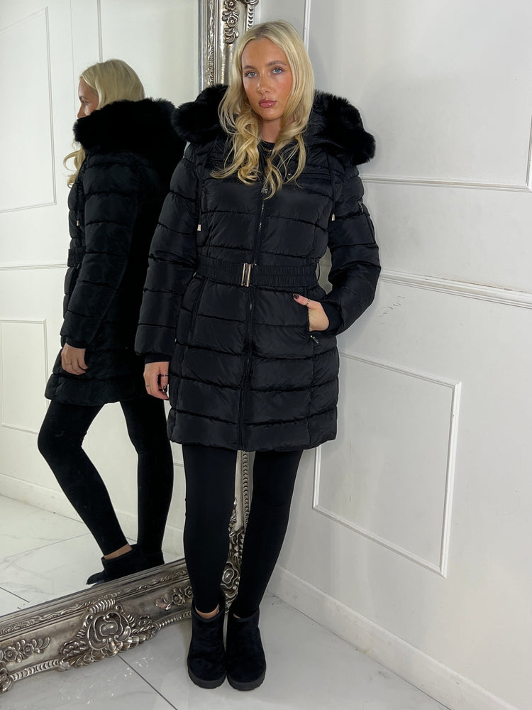 Long Padded Belted Coat With Faux Fur Hood - Black