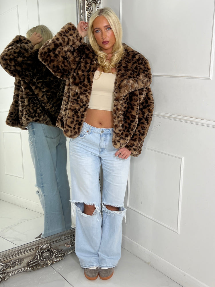 Leopard Print Faux Fur Collared Jacket - Brown