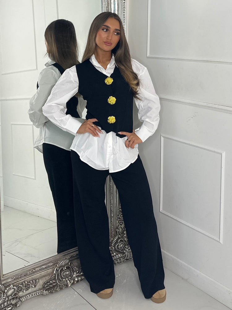 3 Piece Knitted Waistcoat & Shirt Set - Black