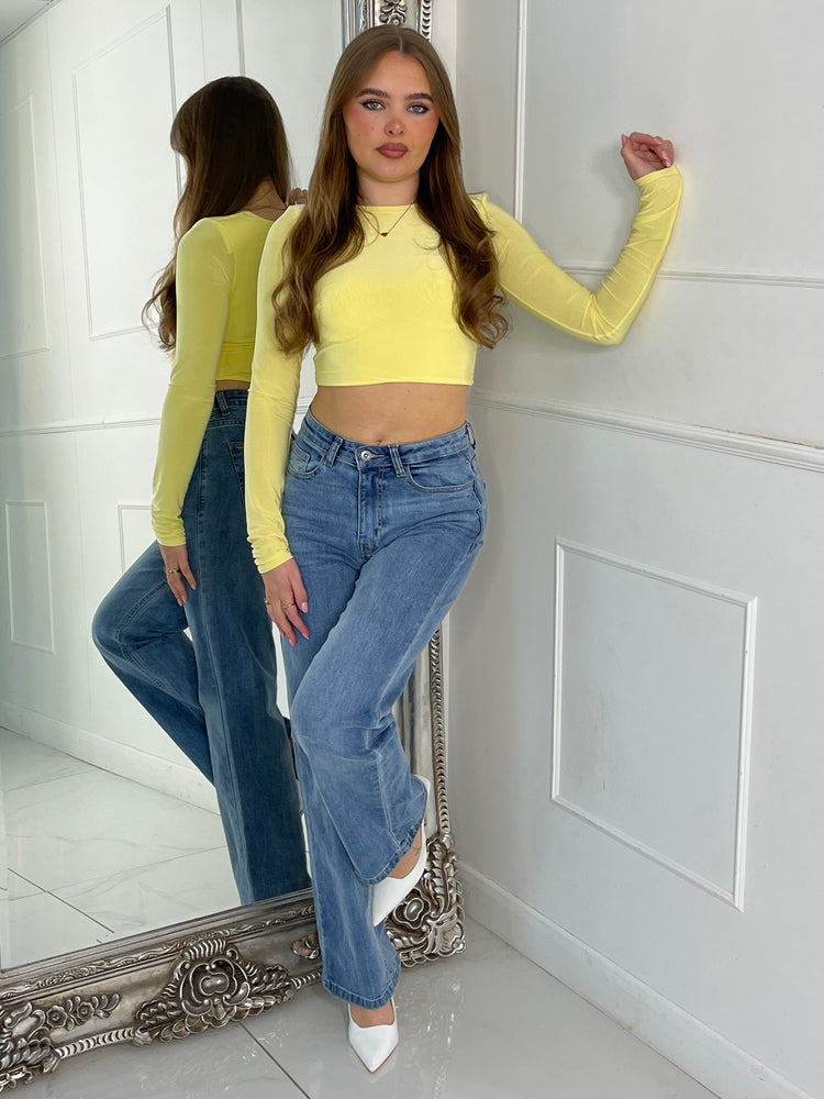 Padded Shoulder Long Sleeve Crop Top - Yellow