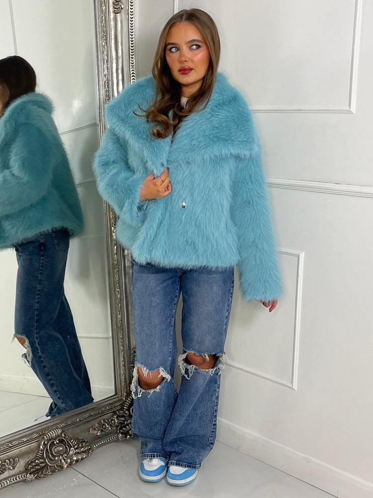 Soft Faux Fur Collar Detail Oversized Jacket - Sky Blue