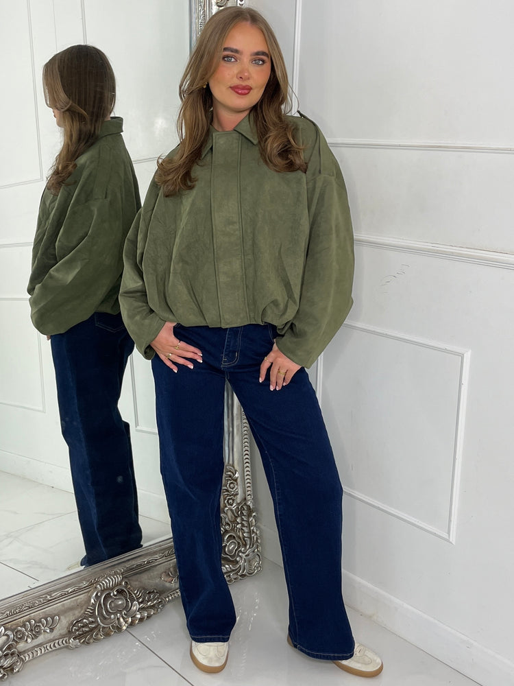 Suede Collared Oversized Bomber Jacket - Khaki