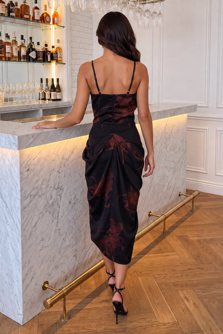 Black Floral Print Strappy Cowl Neck Midi Dress