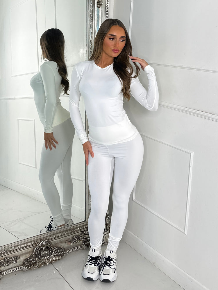 Round Neck Long Sleeve Second Skin Top & Sculpt Panel Leggings - White