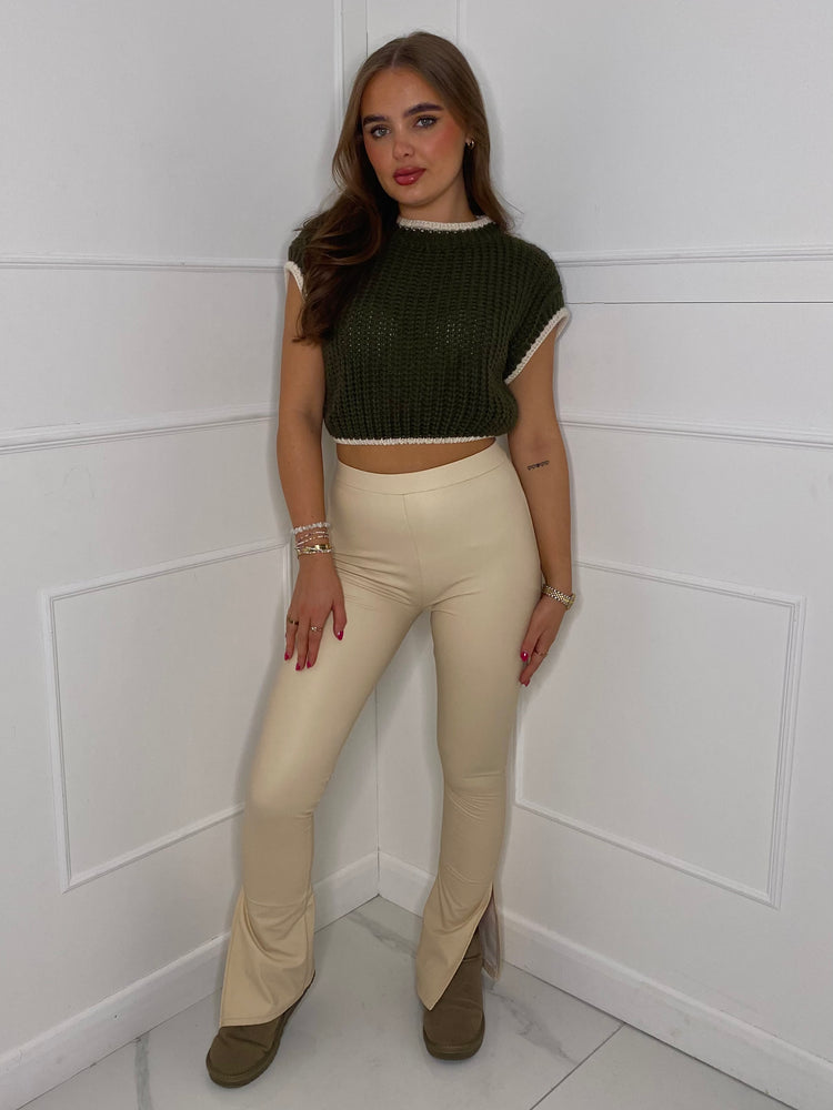 Leather Look Slit Flared Leggings - Cream