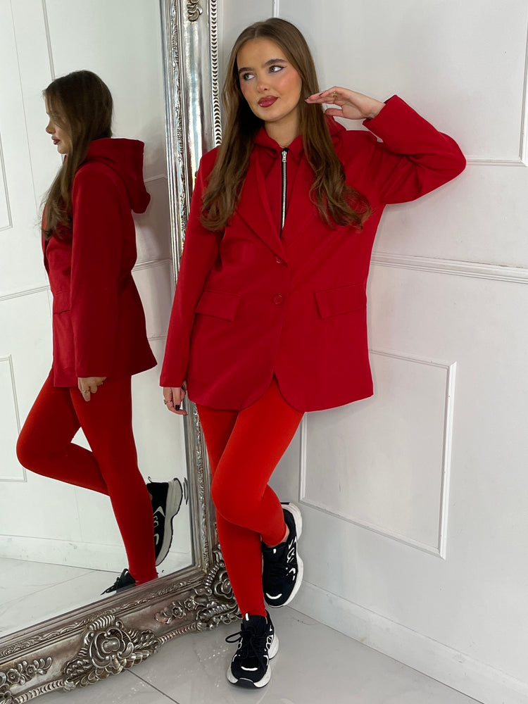 Oversized Blazer With Red Attached Hood - Red