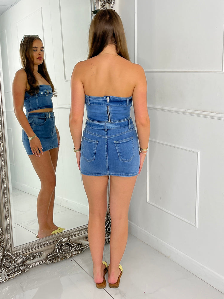 Bandeau Buckle Detail Denim Mini Skirt Co ord - Blue Denim