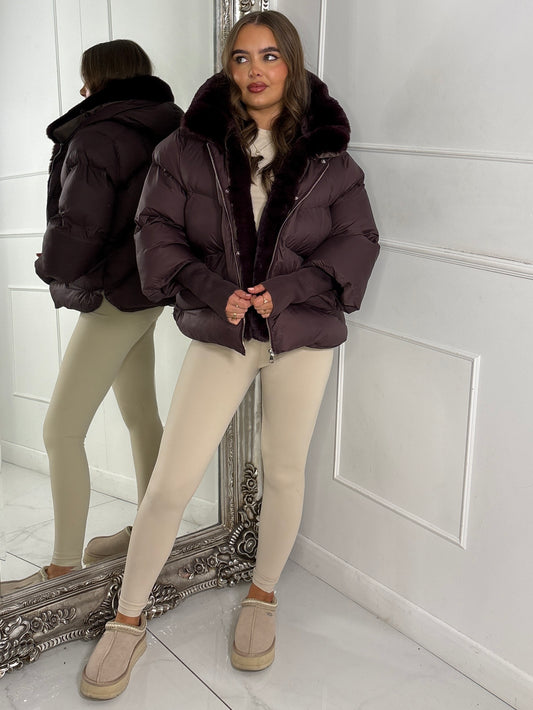 Hooded Puffer Coat With Faux Fur Trim - Brown