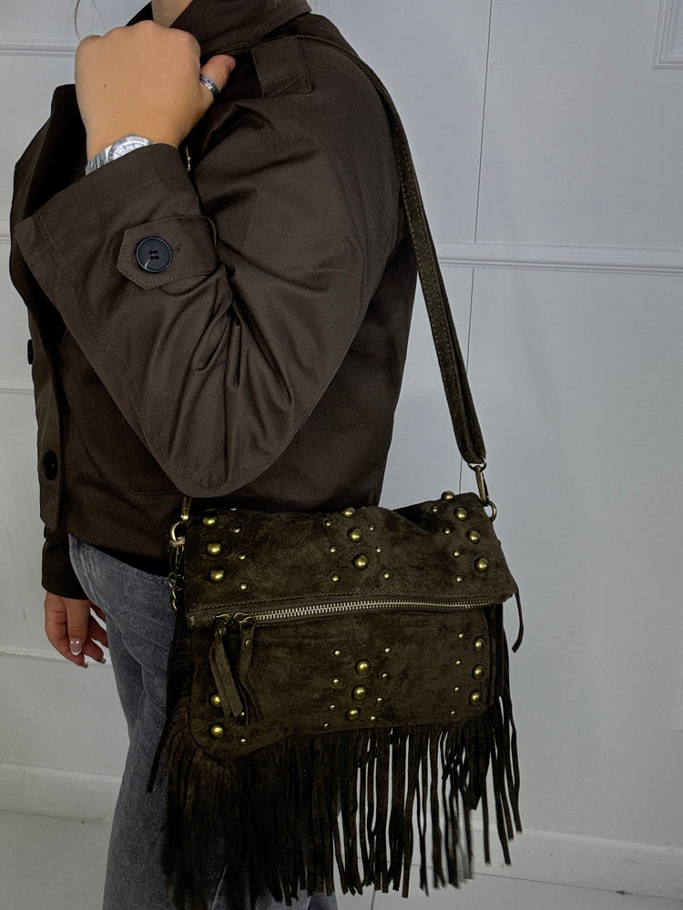 Suede Gold Detail Tassle Chain Bag - Khaki