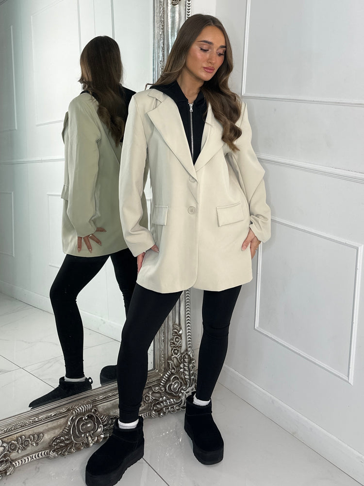 Oversized Blazer With Black Attached Hood - Light Beige