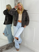 Oversized Collar Pocket Detail Knitted Zip Up Jumper - Brown
