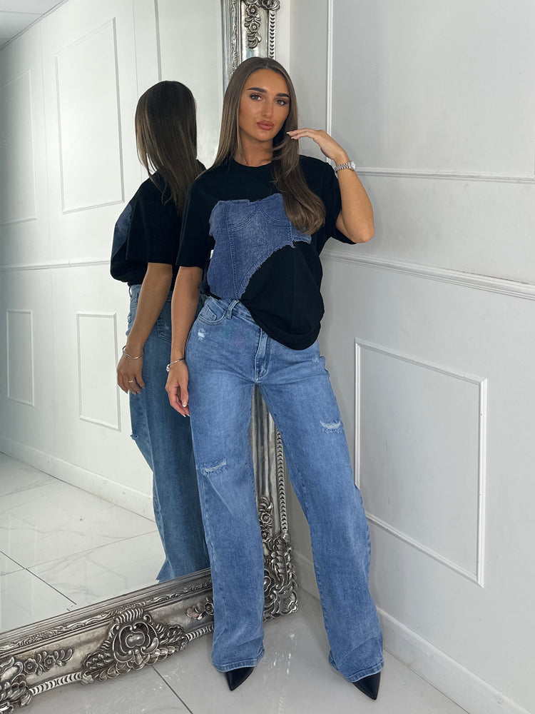Blue Denim Print Oversized T-shirt - Black